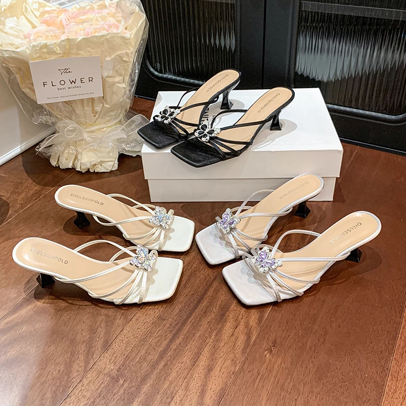 

New Arrival - Fairy Style Rhinestone Bow Slippers for WomenSexy Open-Toe French Stiletto Heel Sandals Outdoor Summer Wear