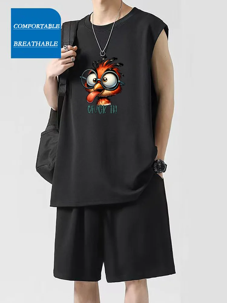 

Trendy Summer Men's Vest Suits Big Size Breathable Two-piece Short-sleeved T-shirt + Vest Printed Beach Sportswear Daily Wear