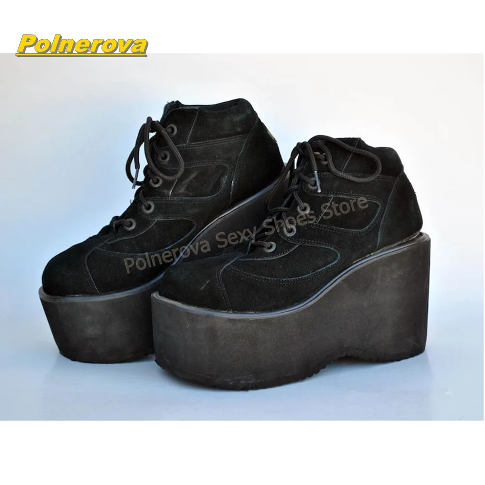 Vintage Black Matte Faux Suede Boots Round Toe Platform Wedge Lace Up Punk Sewing Club Street Style Ankle Shoes 2026 New Trend