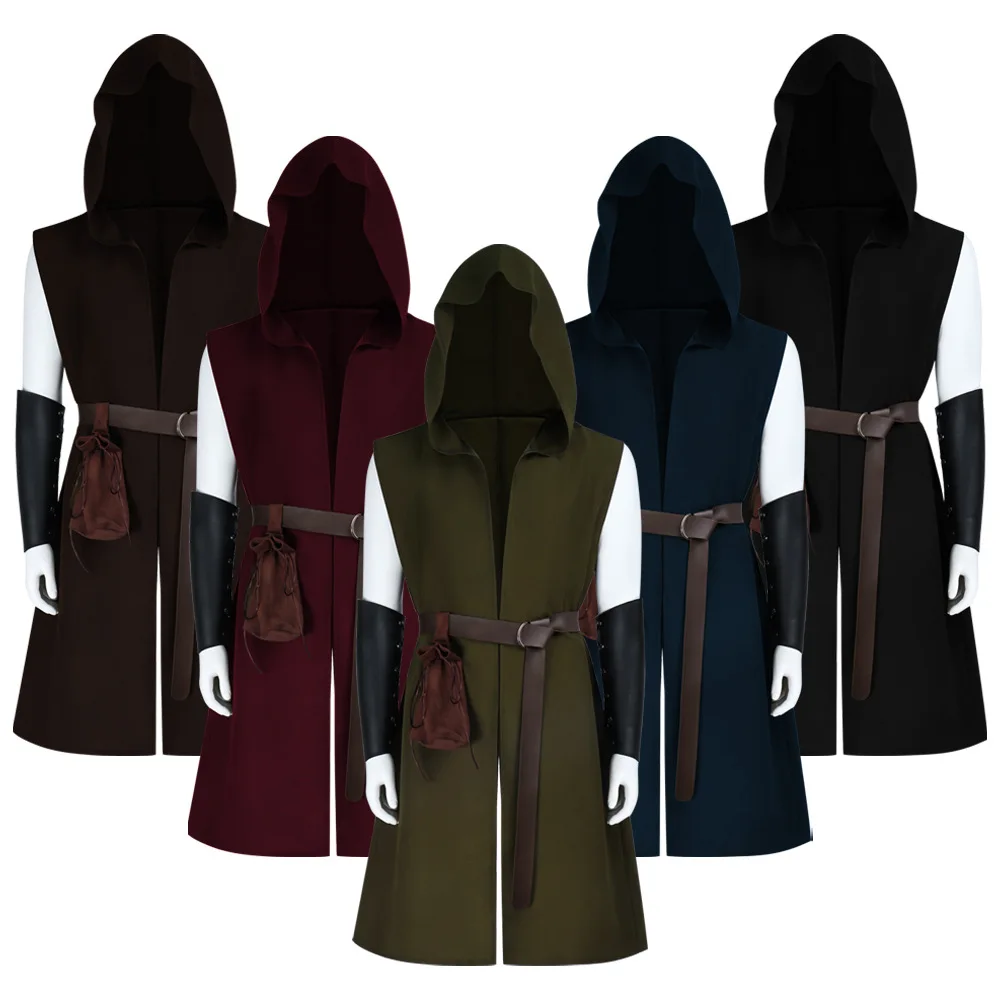 

Medieval Norman Warriors Cosplay Costume Viking Knight Jacket Renaissance Vintage Hooded Sleeveless Cape Halloween Pirate Vest