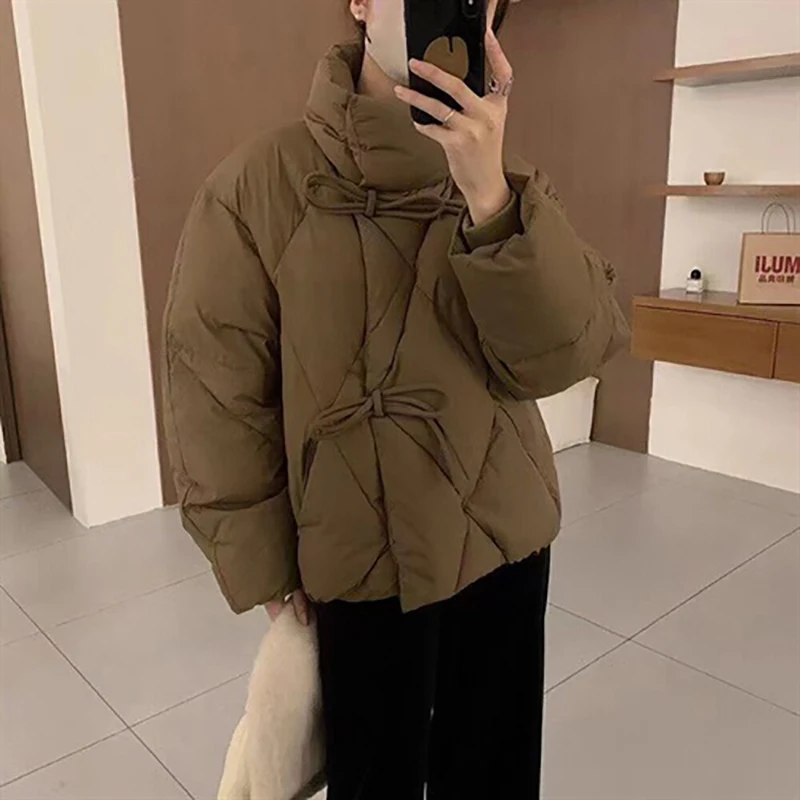 Bow Decor Winter New Down Coat Women's Short Commuting Temperament Warm Bread Coat Korea Autumn Versatile Down Cotton Jacket