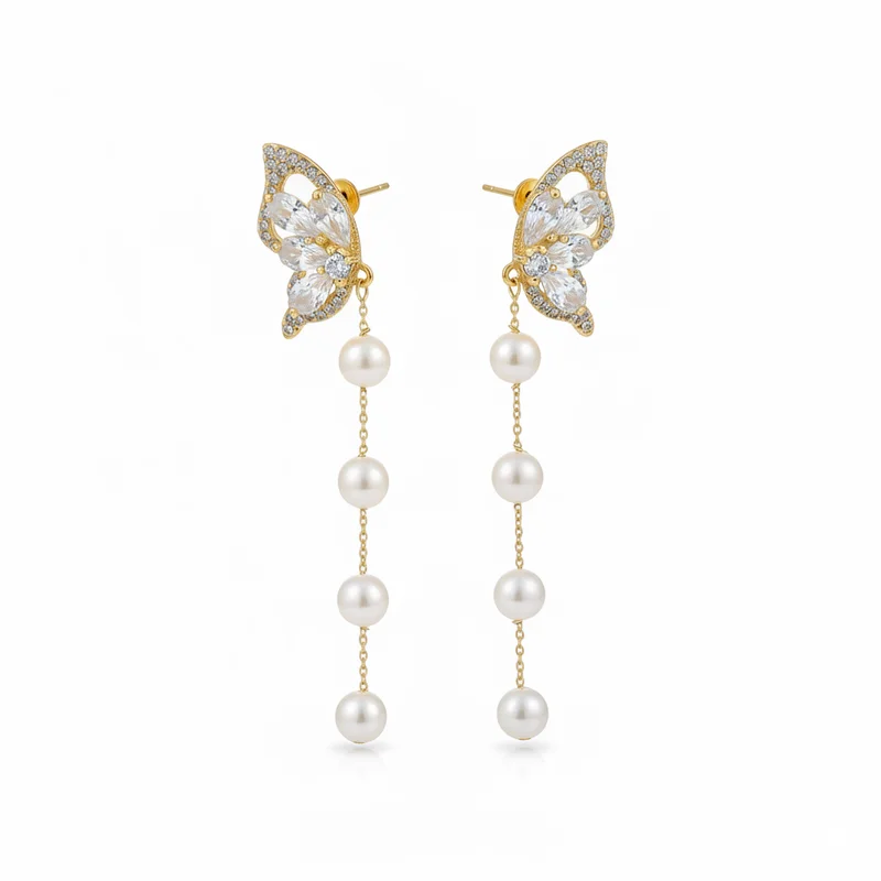 

MURMUR Fairy Butterfly Pearl Drop Earrings Long Crystal Tassel Dangle Elegant Jewelry