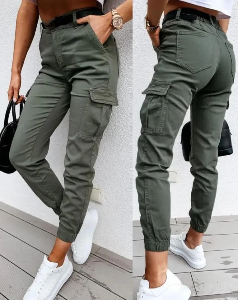 Women's Pants 2023 Summer Fashion Pocket Design High Waist Casual Plain Skinny Daily Long Cargo Pants Y2K Streetwear