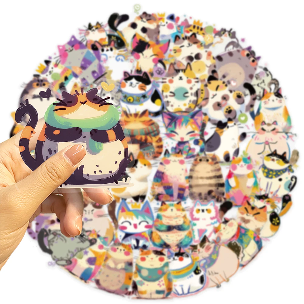 

10/30/50pcs Funny Cute Colorful Painting Cat Stickers Transparent PET Cartoon Graffiti Decals DIY Guitar Phone Notebook Sticker