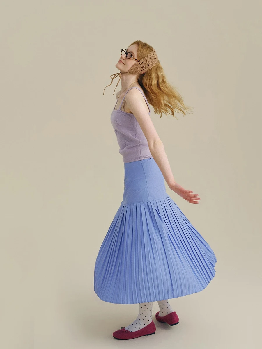 REDDACHiC السماء الزرقاء المرقعة الطية تنورة مكتب العمل عادية الصلبة رقيقة عالية الخصر ألف خط فلوي تنورة طويلة الصيف النساء قيعان