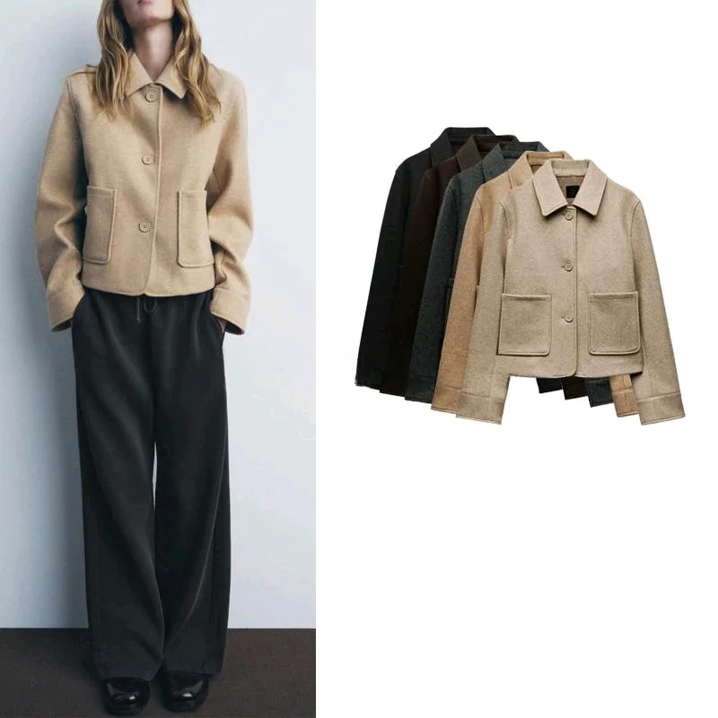 

Spring New Women's Soft Quali Long Sve Collar Jaet ket Decorated Commute Sle Straight Cut Polyester Fiber