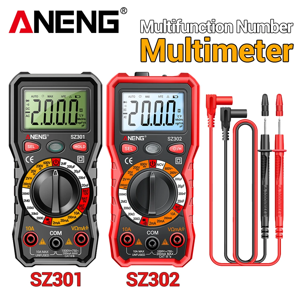 Conjunto de multímetro multifuncional ANENG SZ301/SZ302 com diodo, função on/off, retenção de dados, desligamento automático, ferramenta de manutenção para eletricistas.