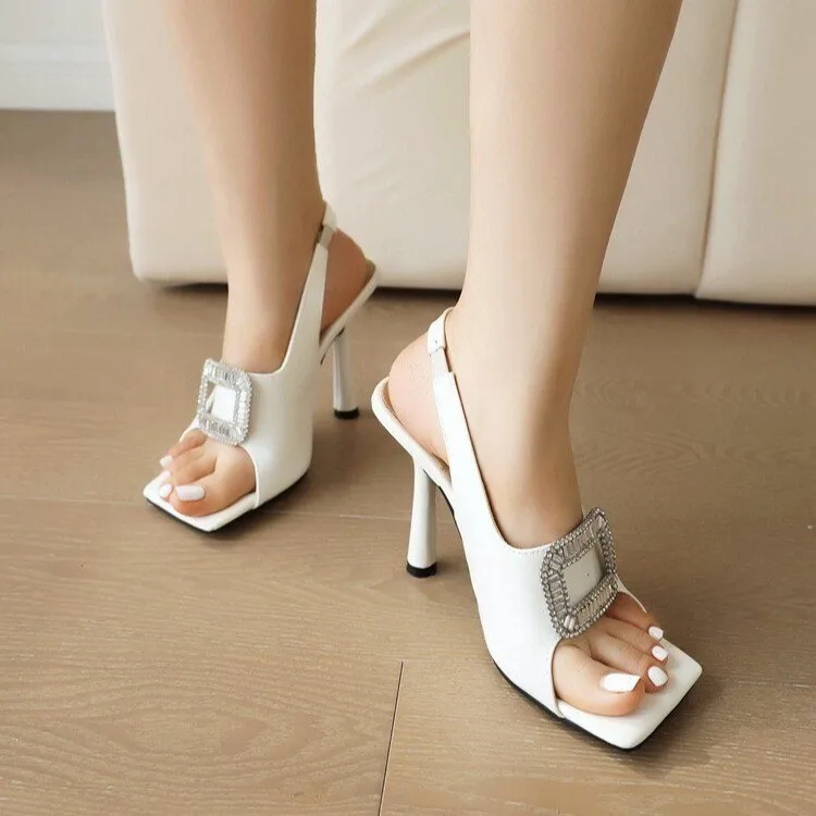 Foreign Trade Square Head Rhinestone Thong Sandals  Summer New European and American Stiletto Sexy High-heeled Sandals.