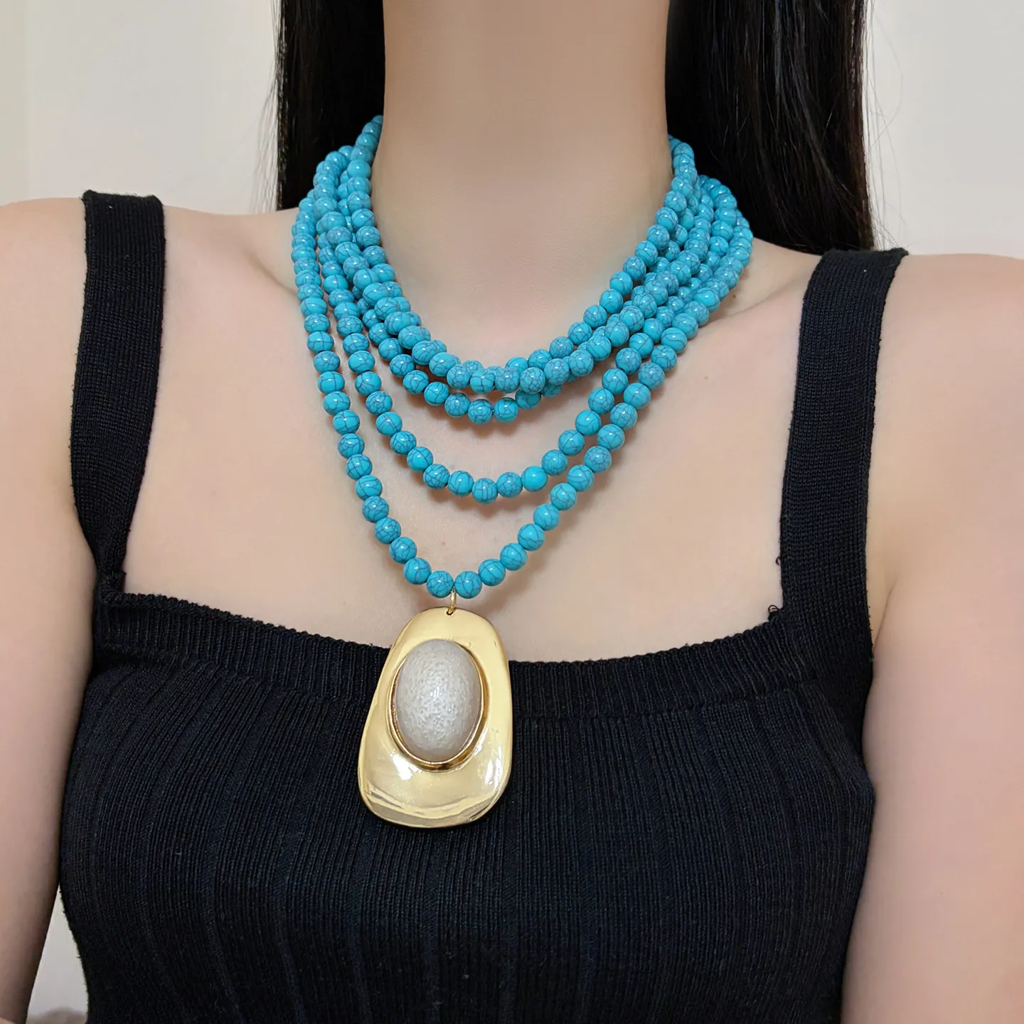 Bohemian Multi-layered Green Stone Beaded Stretch Necklace for Women Beach Ethnic String Charm Women's Jewelry Gifts