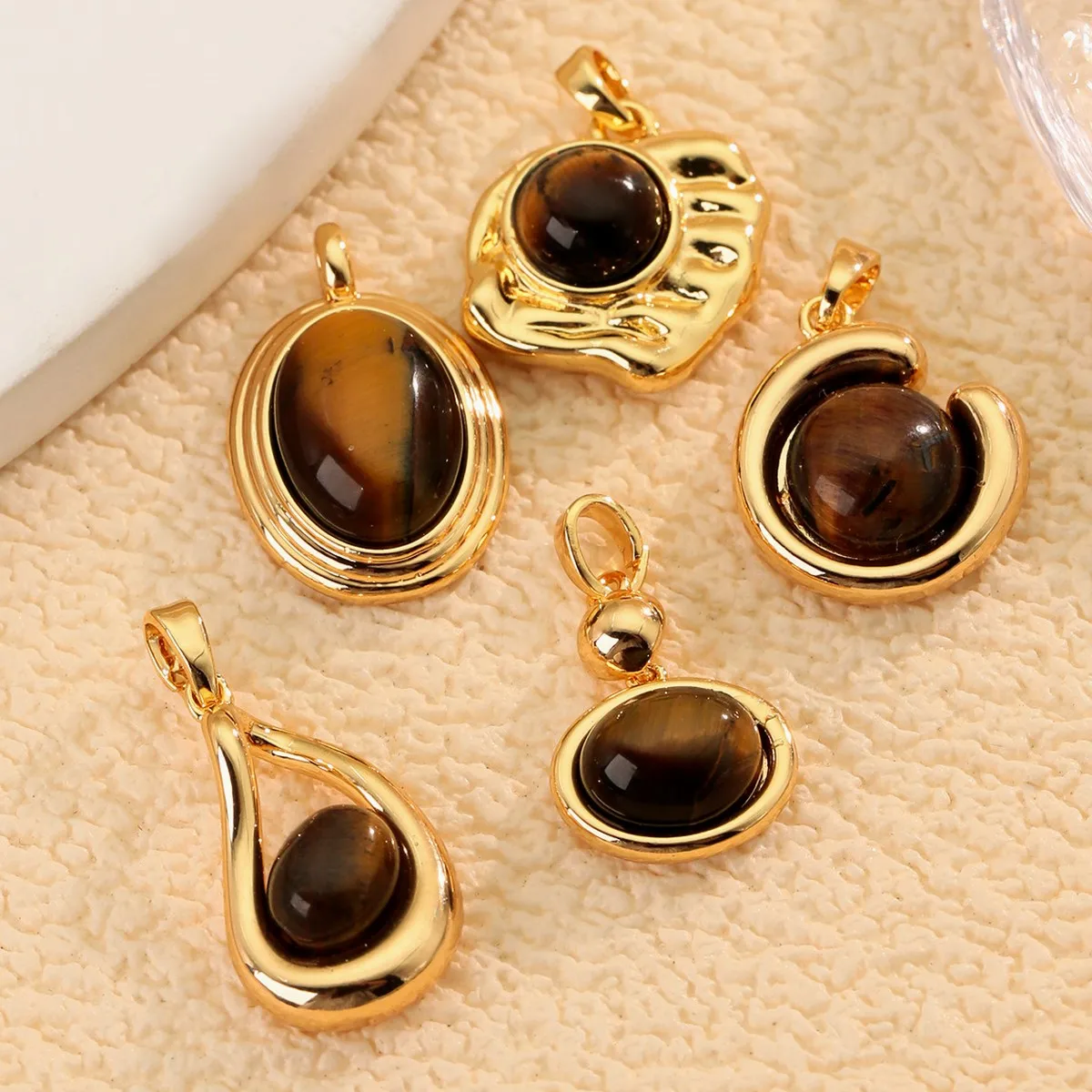 18K Gold Plated Stainless Steel Tiger Eye Stone Pendant Vintage Light Luxury DIY Jewelry Accessory Vacuum Plated Unisex