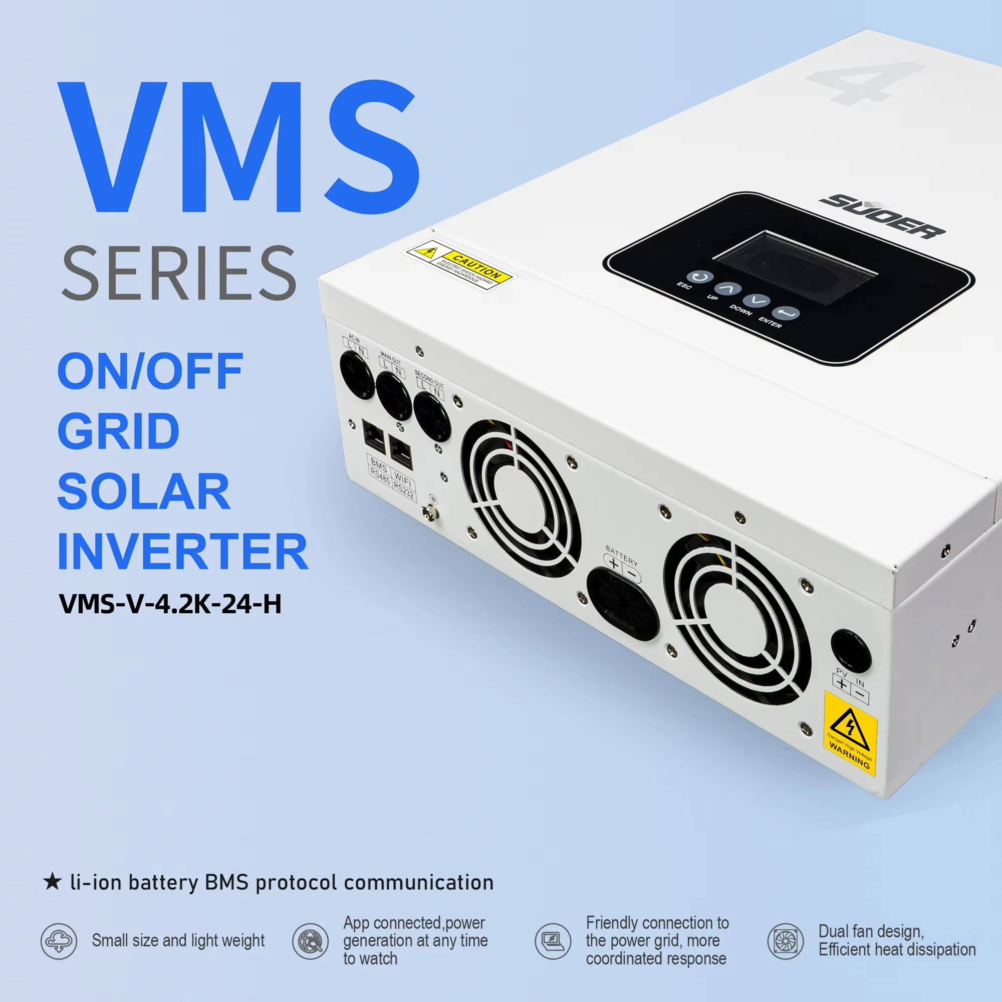 VMS-V-4.2K-24-H 4.2Kw 24V ~ 230V 하이브리드 태양광 인버터 순수 사인파 내장 120A MPPT 태양광 충전기 최대 PV 입력 450V