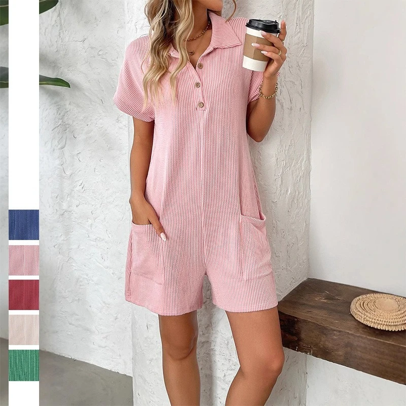 

Women's Loose Short Sleeve Jumpsuit Pockets Stand Collar Suit Spring Summer High Waist Straight Leg One-piece Rompers Playsuits