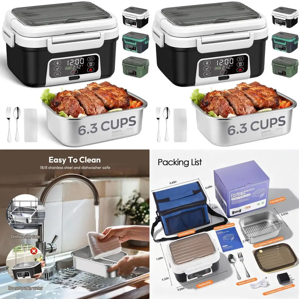 

Portable 100W Electric Lunch Box, 6.3 Cups, 20000mAh Battery, Self-Heating, Includes Cutlery & Bag, BPA-Free (Black + White)