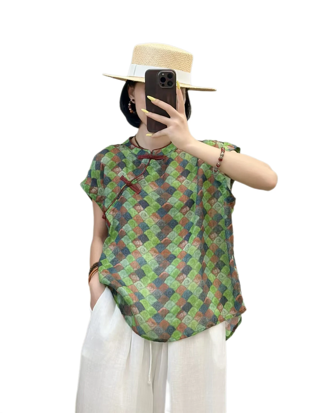 신상 중국 스타일 여성 린넨 여름 빈티지 민족 스타일 스탠드 칼라 프린트 코튼 린넨 탑 패셔너블 스몰 사이즈