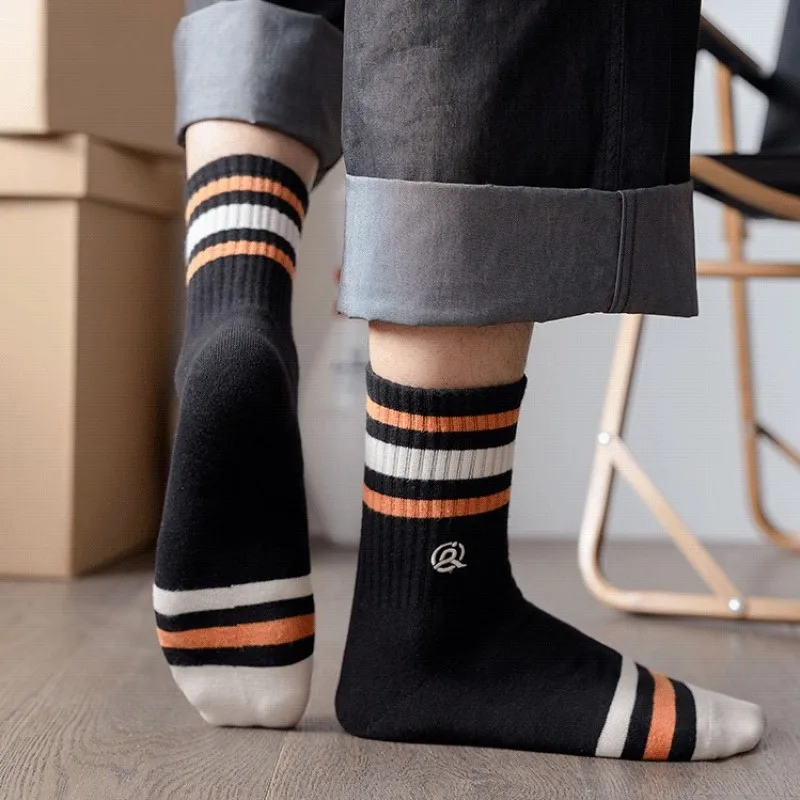 Men'S Stockings Color Block Men'S Socks Sports Cotton Socks Stripe Embroidery Casual Football Stocking Absorb Sweat Breathable