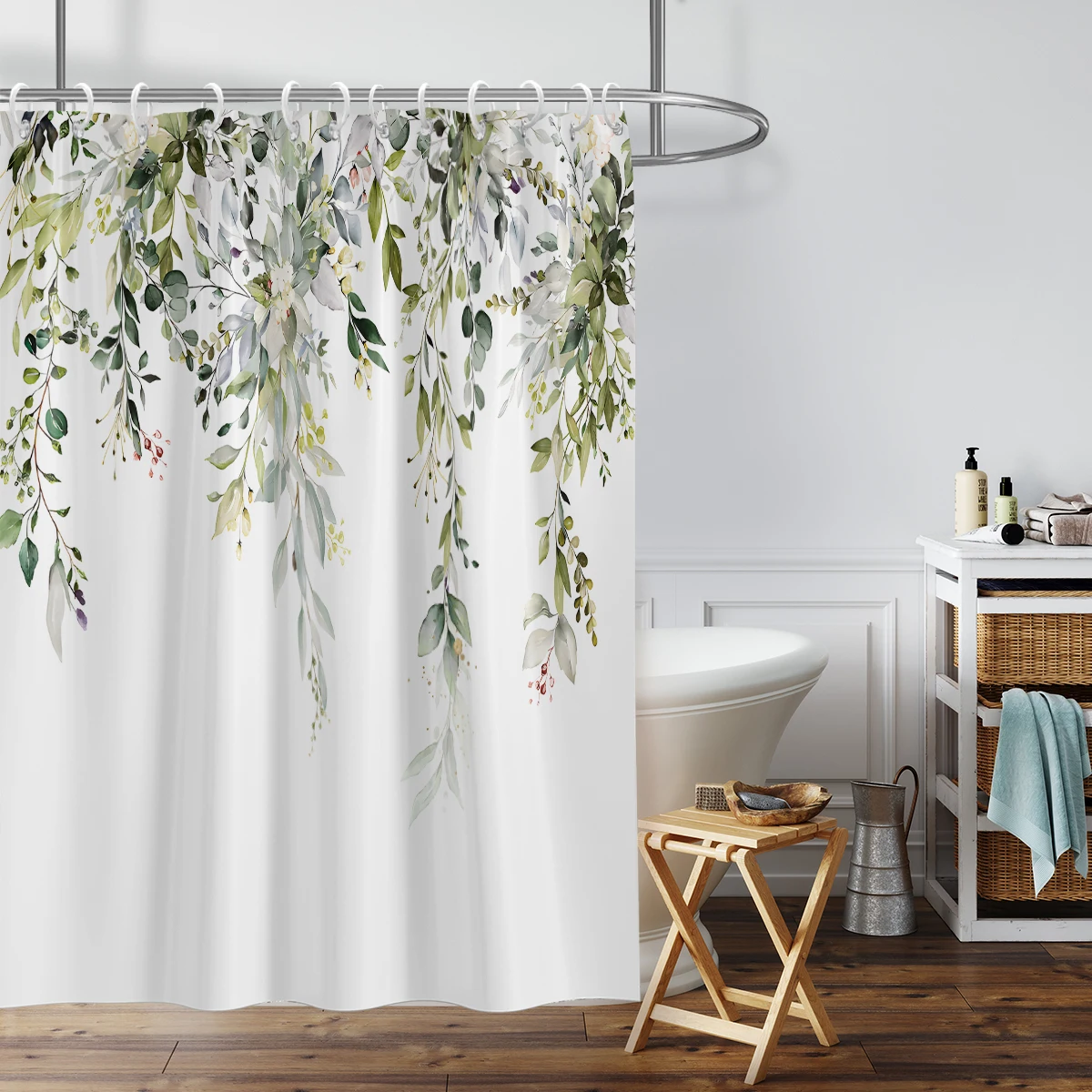 1PC green sage plants pattern printed shower curtain, waterproof and washable, with 12 hooks, bathroom shower, bathtub, home use