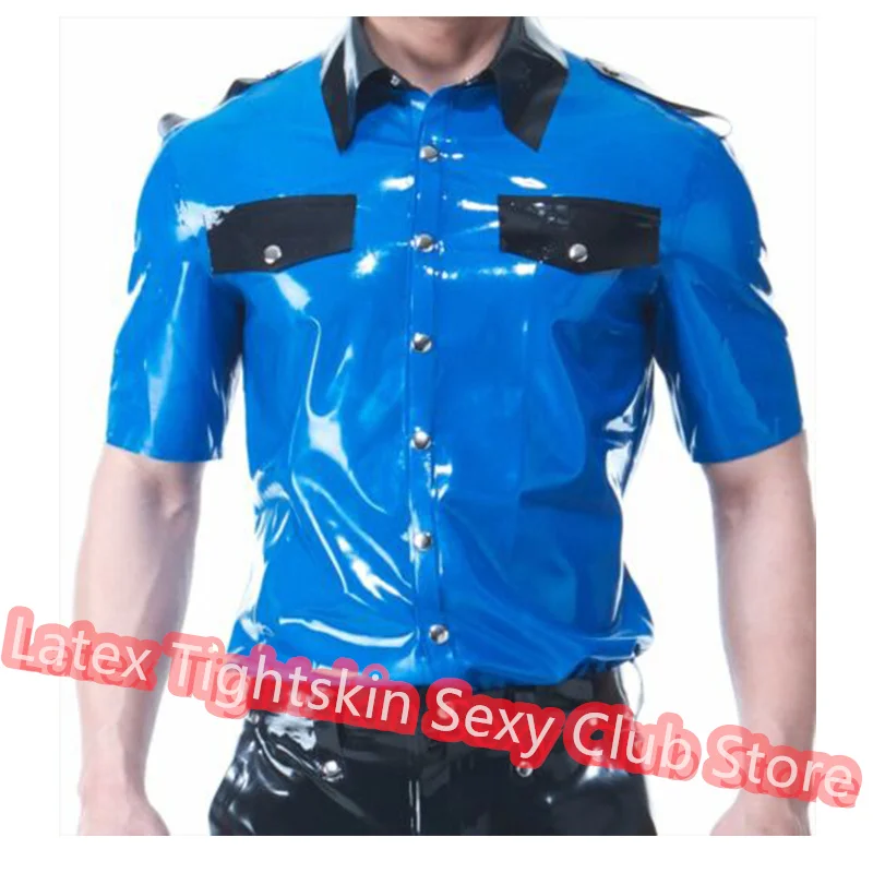 

Handmade Latex Men Sleeve Shirt Man Sexy Tops Rubber Tank Vest Blue with Black Cosplay Costume