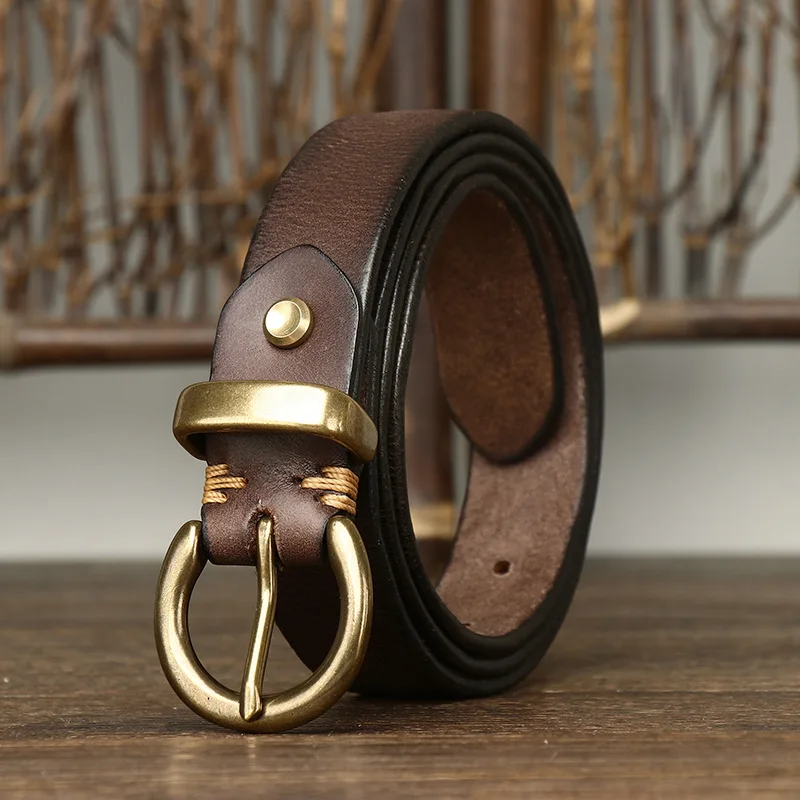 

New retro pleated Korean style fashionable all-match women's belt copper buckle genuine leather cowhide jeans belt