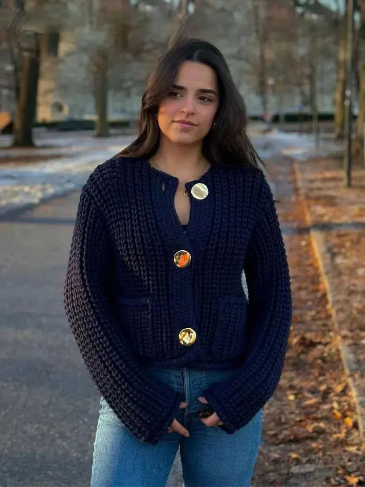 

Spring New Cardigan For Women Knitted Button O-Neck Long Sleeves Woman Coat Pockets Solid Casual Female Sweater Outerwear