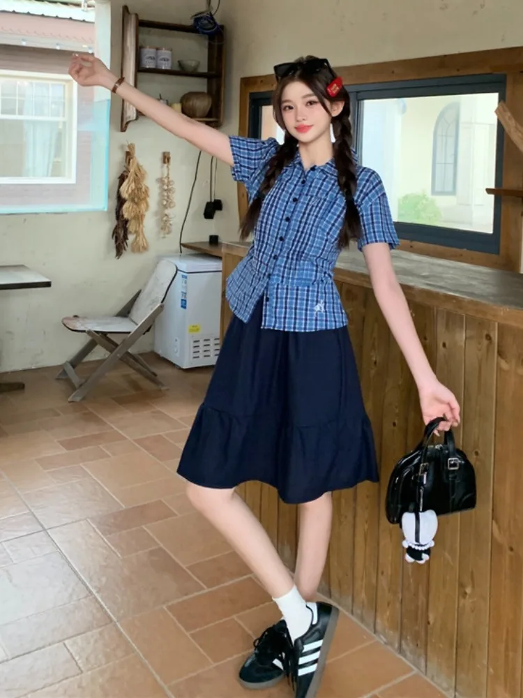 

plus Size Summer New College Style Slimming Short Sleeve Shirt And Half Skirt Two Piece Set Women's Fashion Casual Breathable