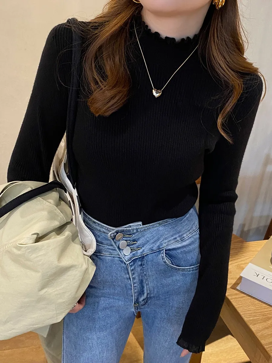 Suéter De punto para Mujer, jerséis nuevos De manga larga con cuello con volantes, suéter De punto, Tops para Mujer, suéteres, suéteres De Mujer Q1148