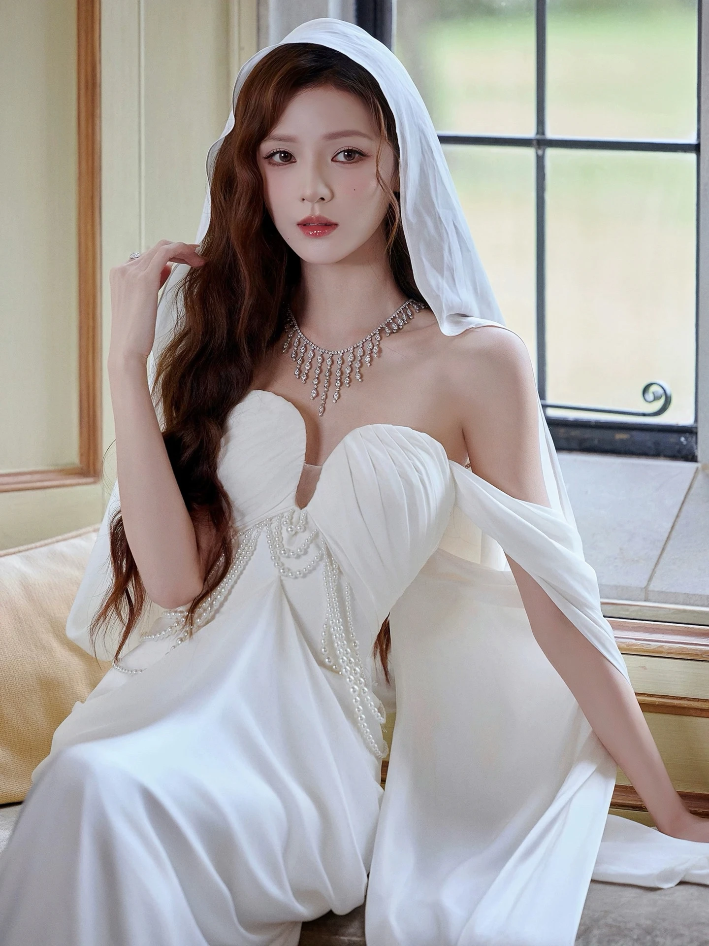 فستان زفاف أبيض أنيق حديث بأكمام طويلة وخط عنق نحيف طويل زائدة آلهة يونانية للسيدات فساتين حفلات العشاء المسائية