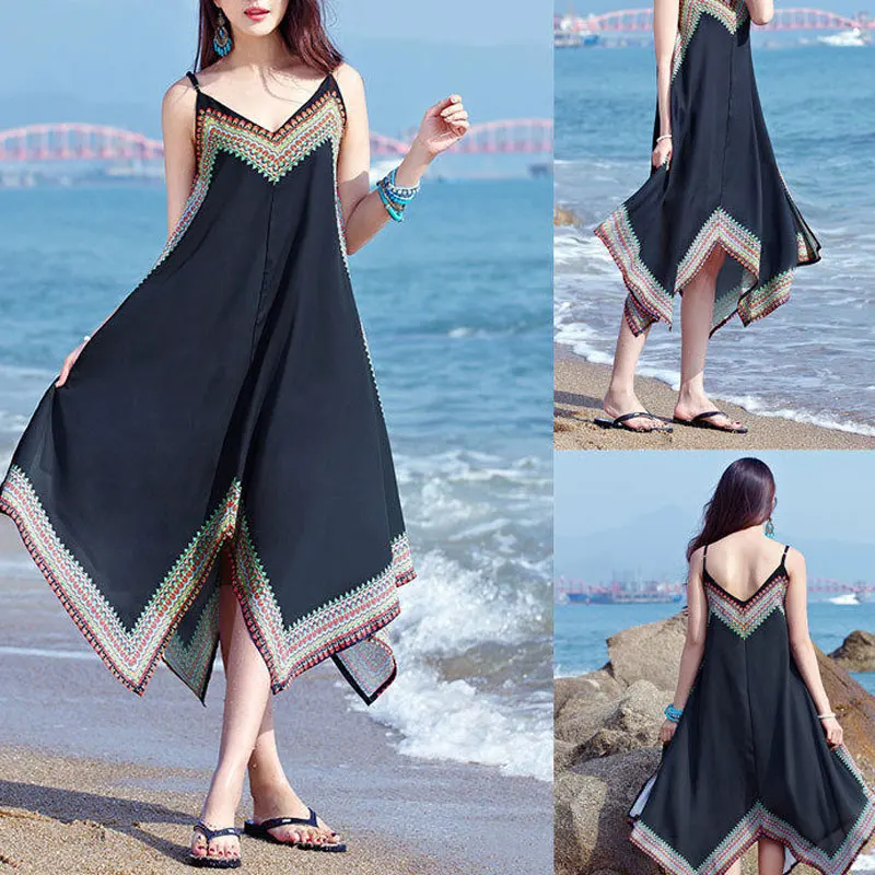 Folk Bohemian Irregular Dresses Female Clothing V-Neck Chic Patchwork Summer Sleeveless Vacation Style Printed Slip Long Dress