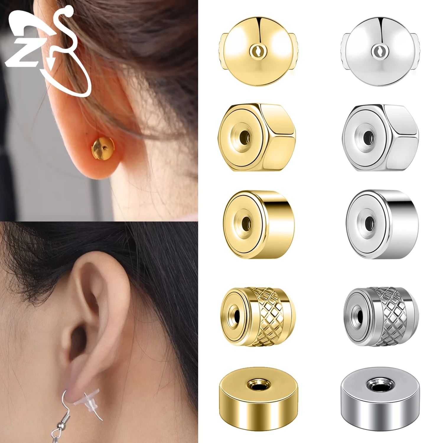 ZS 5Pcs/Lot 2 Colors Stainless Steel Earnut Heart Circle Shape Blocked Earrings Back For Jewelry Making DIY Earring Accessories