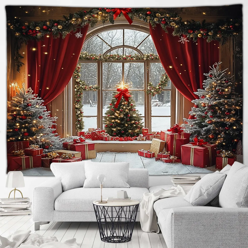 Christmas Tapestry Red Curtain Xmas Trees Outside Window Winter Forest Landscape New Year Home Living Room Decor Wall Hanging