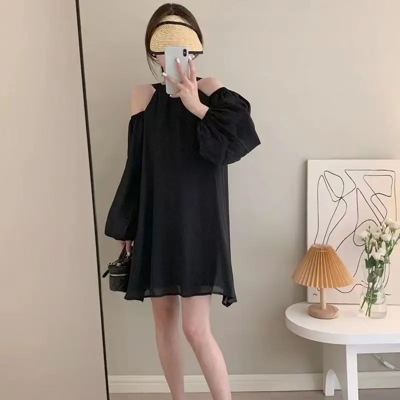 Spring Autumn Halter Mini Dress French Style Lantern Sleeve Women's Clothing Fashionable Off Shoulder Basic Solid Color Dresses