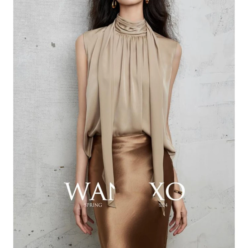 Temperament Lacing Simplicity Shirt Tops Summer New Sleeveless Solid Loose Elegant Youth Blouse Fashion Vintage Women Clothing