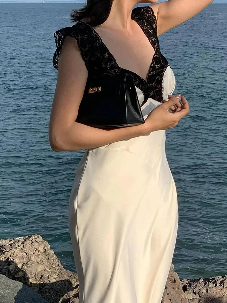 トレンドレースホローサテンロングドレス、セクシーなオフショルダーラッフルスリットマキシドレス、パーティー、クラブ、バックレスエレガントなイブニングドレス