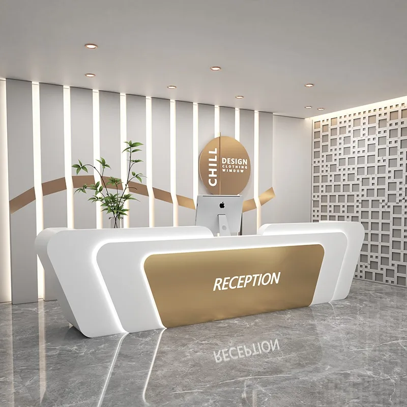 Factory Price Unique Art Shape LED light Modern Furniture White Beauty Salon Spa Gallery Luxury Reception Counter Front Desk