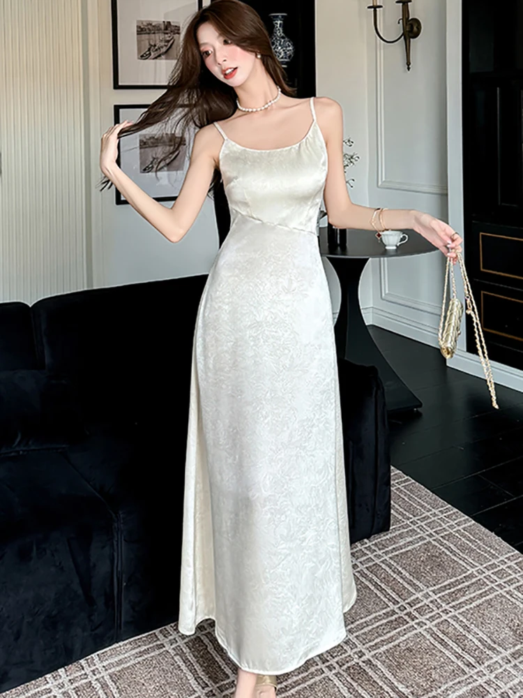 Women Pink Jacquard Satin Chic Sling Sexy Long Dress Summer Elegant Casual Holiday Dress 2025 Korean Vintage Bodycon Party Dress