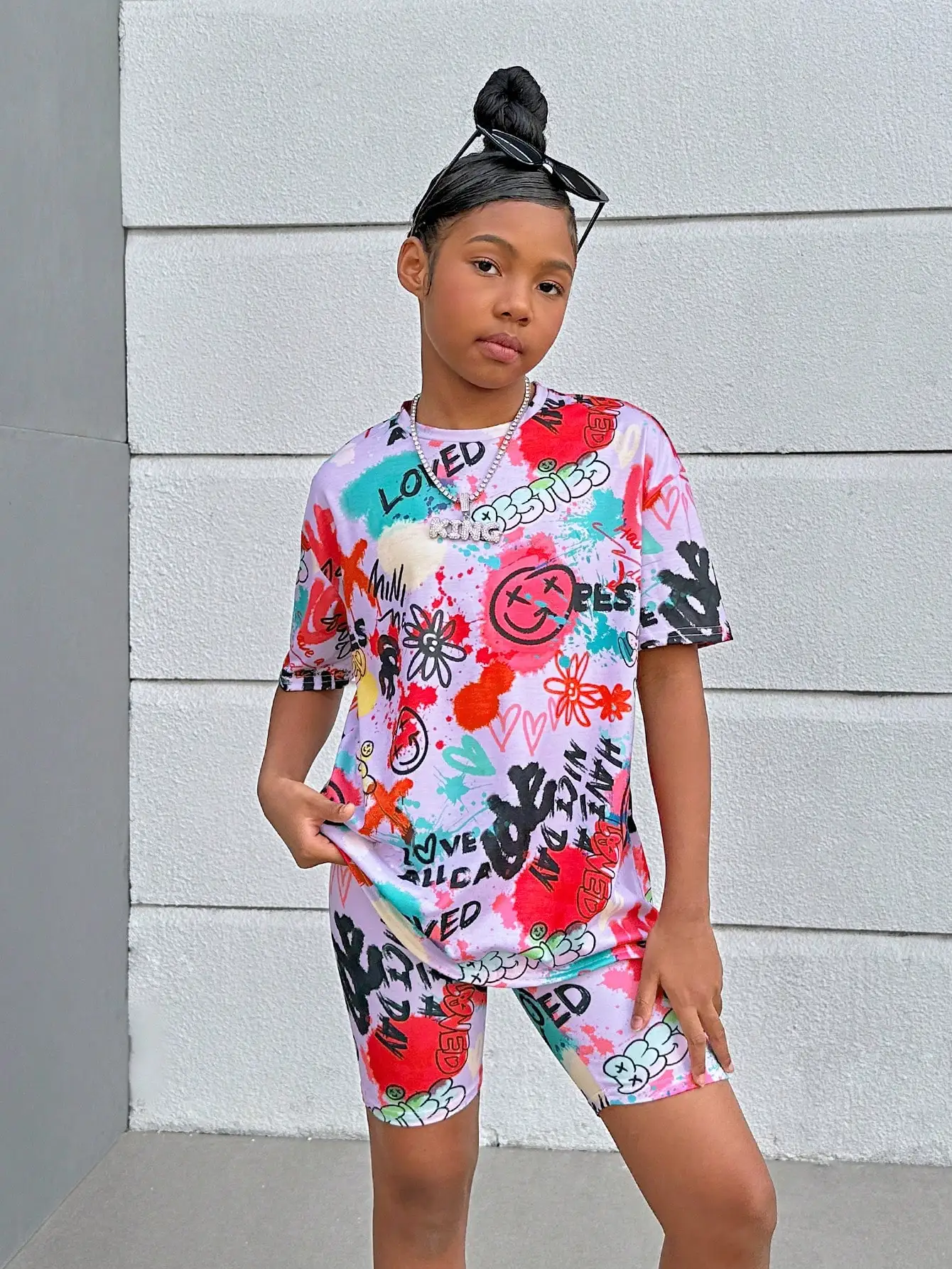 

Boys & Girls Graffiti Printed Crew Neck Short Sleeve Spring/Summer T-Shirt and Shorts Tracksuit Quick-Dry 3D Printing Set