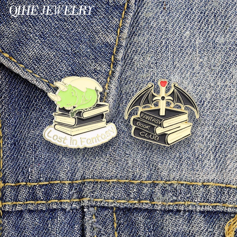 Fantasy Book Club Sword Dragon Wings Enamel Pin Lost In Fantasy Green Dragon Sleeping on Books Brooch Lapel Badge Jewelry Gift