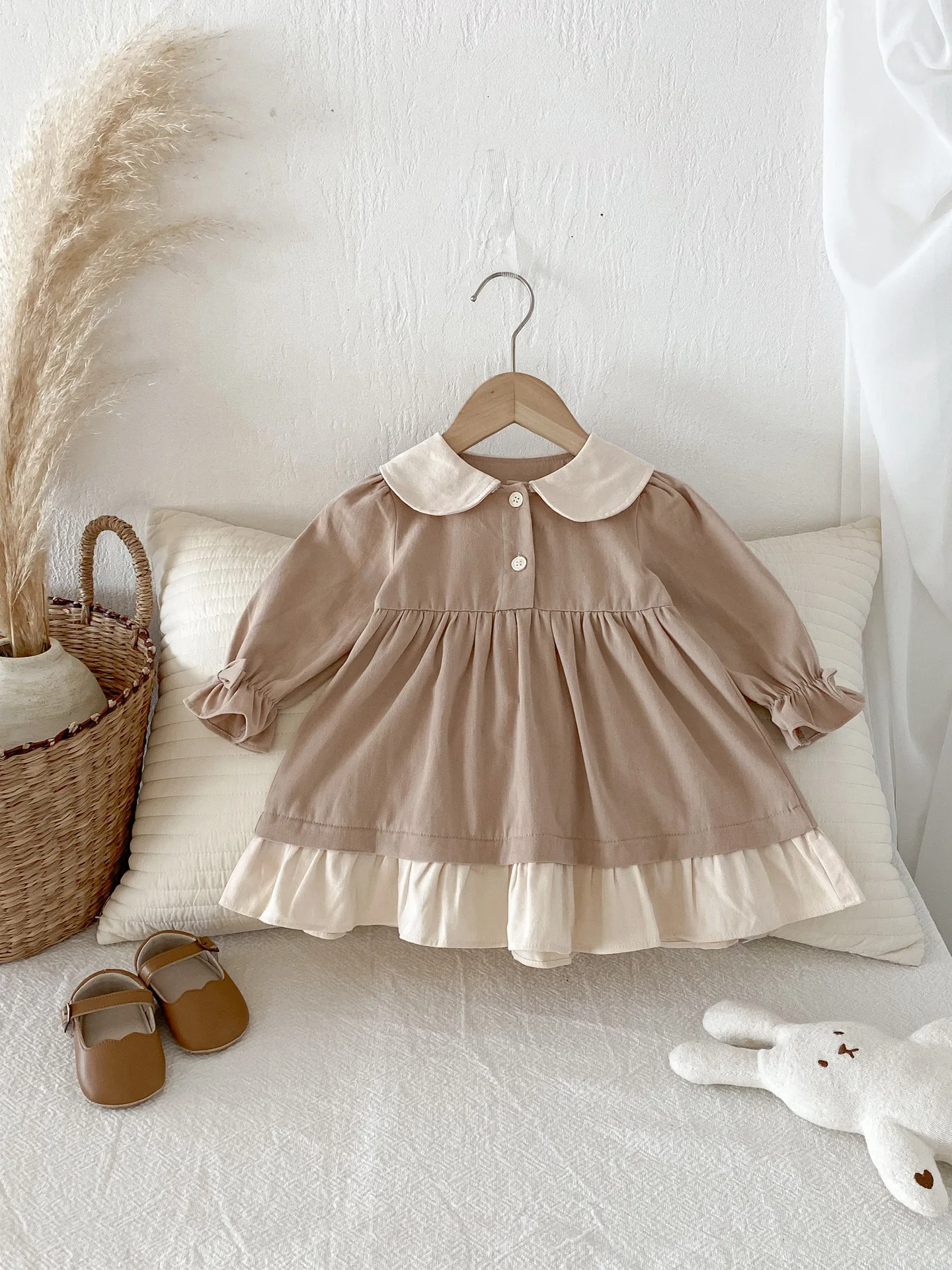

Solid Toddler Clothes Baby Girl Cute Peter Pan Collar Princess Dress Kids Cotton Dresses 2025 Autumn New Girls Long Sleeve Dress