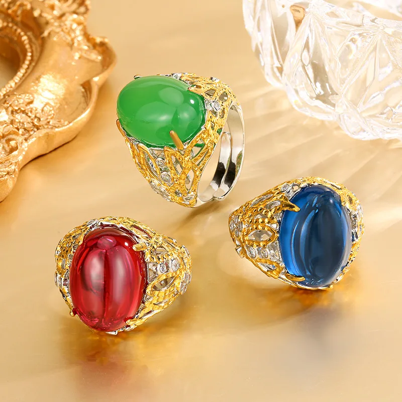 

Adjustable Vintage Statement Ring with Multi Color Oval Crystal Gemstones Red Retro Gold Plated Hollow Out Design Women Jewelry