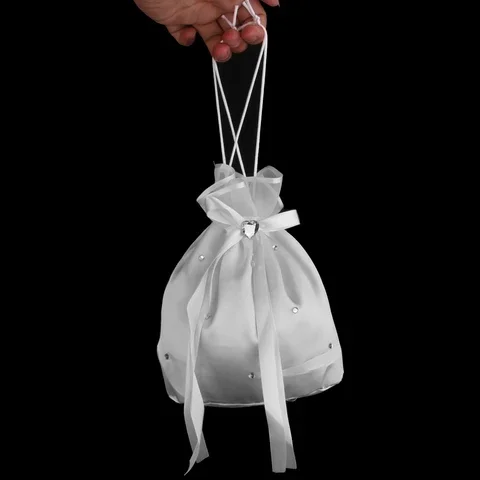 

Bridal Wedding Flower Girl Drawstring Dolly Bag Crystal White Satin Handbag Home Decoration FOR