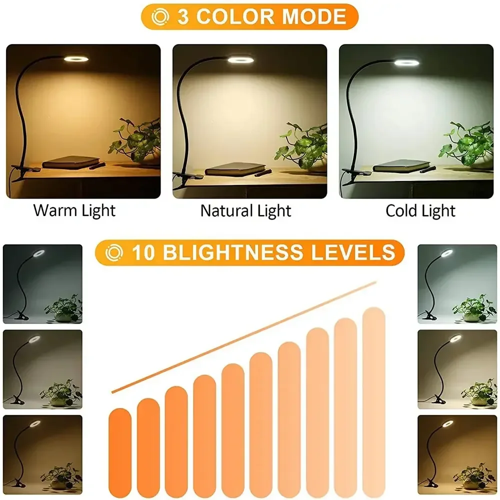 USB LED 독서등, 유연한 구스넥 조도 조절 테이블 램프, 클립 온 실내 침실 눈 보호 책상 조명, 책 클램프 램프