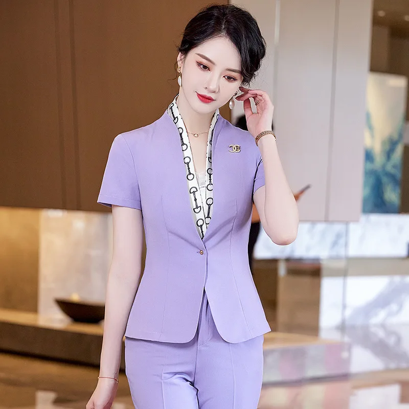 Short Sets Women Summer Thin High End Professional Temperament Fashion Purple Blazer And Pants Office Ladies Work Wear