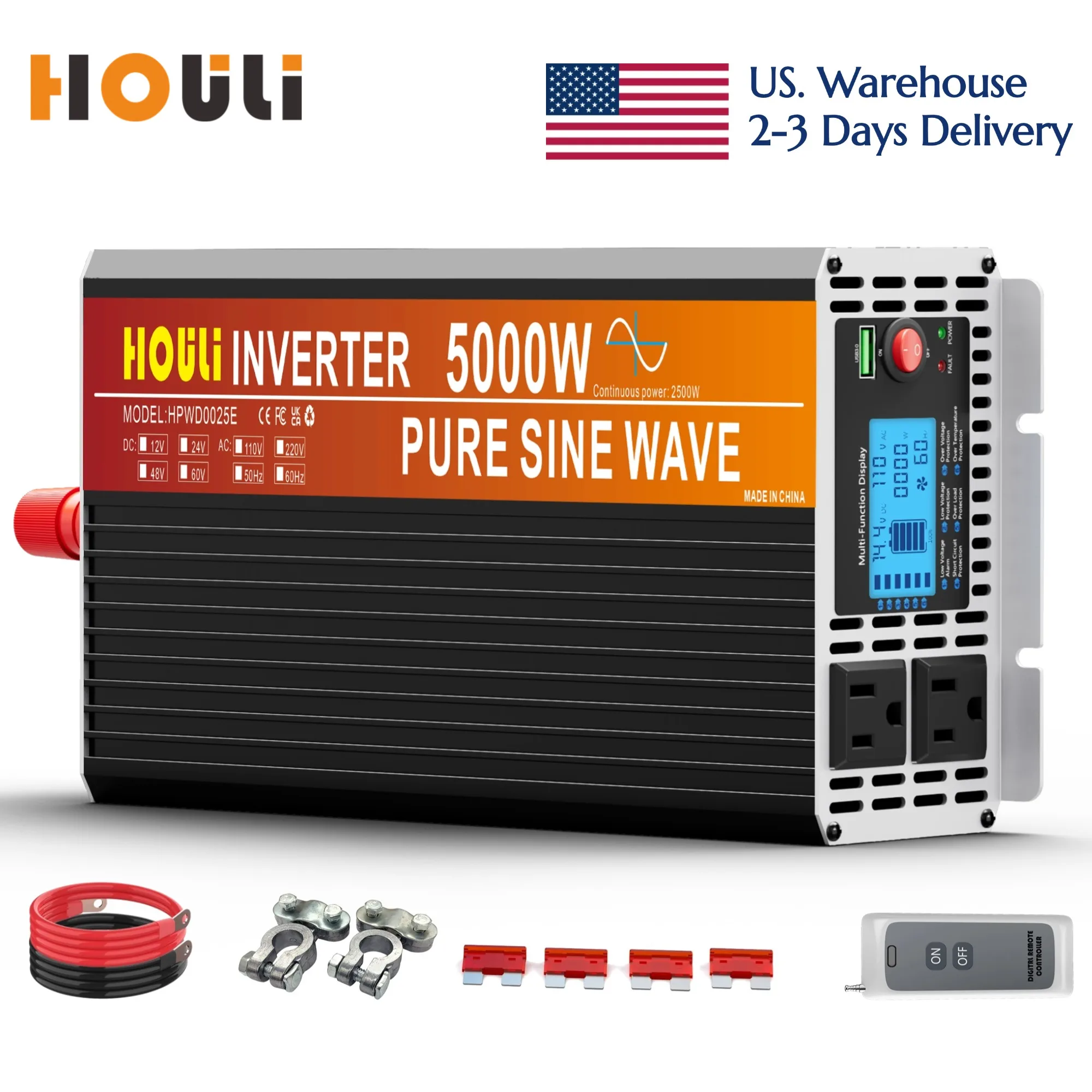 5000W Pure Sine Wave Power Inverters DC 12V to AC 110V 120V with 2 AC Outlets USB Ports Terminal Blocks LCD Display