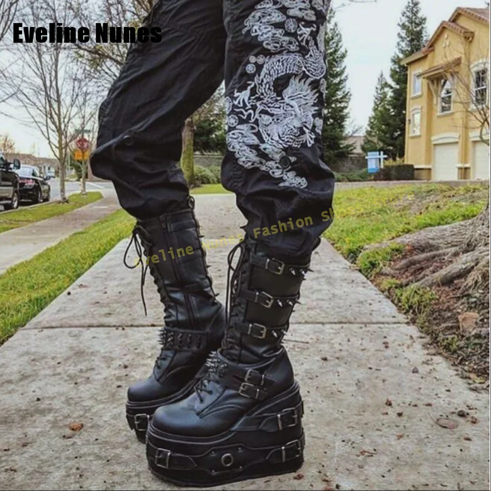 Metal Rivet Swing Platform Boots Round Toe Wedge Cross Tied Belt Buckle Punk Motorcycle Boots Gothic Style Heavy Work Shoes 2025