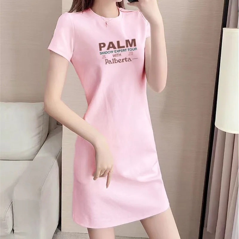 Long short-sleeved T-shirt dress for women's summer new cartoon belly cover casual slim fashion temperament dress.