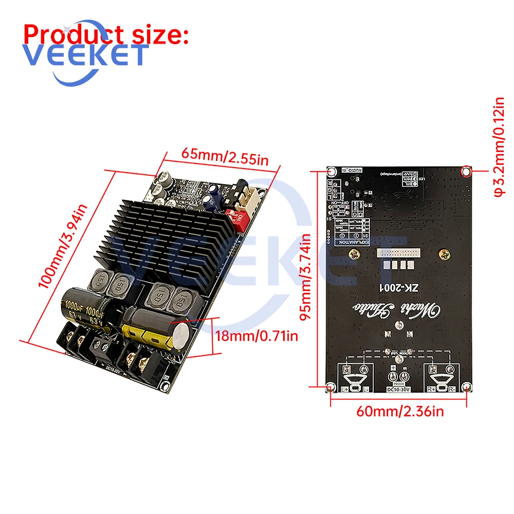 DC 10-30V ZK-2001 Pure Post Amplifier Board Dual Channel 100W+100W