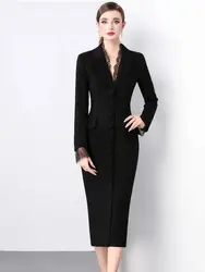 Elegant Autumn Black Blazer Dress Women Notched V-Neck Single-Breasted Long Sleeve lace Trims Bodycon Dress Office Lady Formal