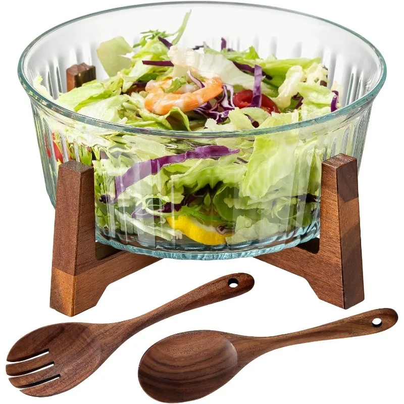 

Large Glass Salad Bowl Set with Acacia Wood Base and Salad Serving Utensils Clear Borosilicate Glass Fruit Bowl and Trifle Bowl