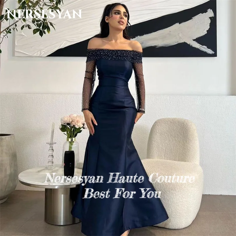 Nersesyan Mermaid Navy Blue Satin Formal Evening Dresses Off The Shoulder Glitter Long Sleeves Party Gowns Pleats Prom Dress