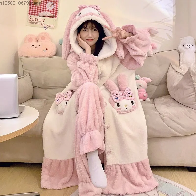 Sanrio Hello Kitty Women Winter Coral Velvet Sleepwear New Thickened Long Sleeve Cute Home Clothes Sweet Y2k Girl Hooded Pajamas