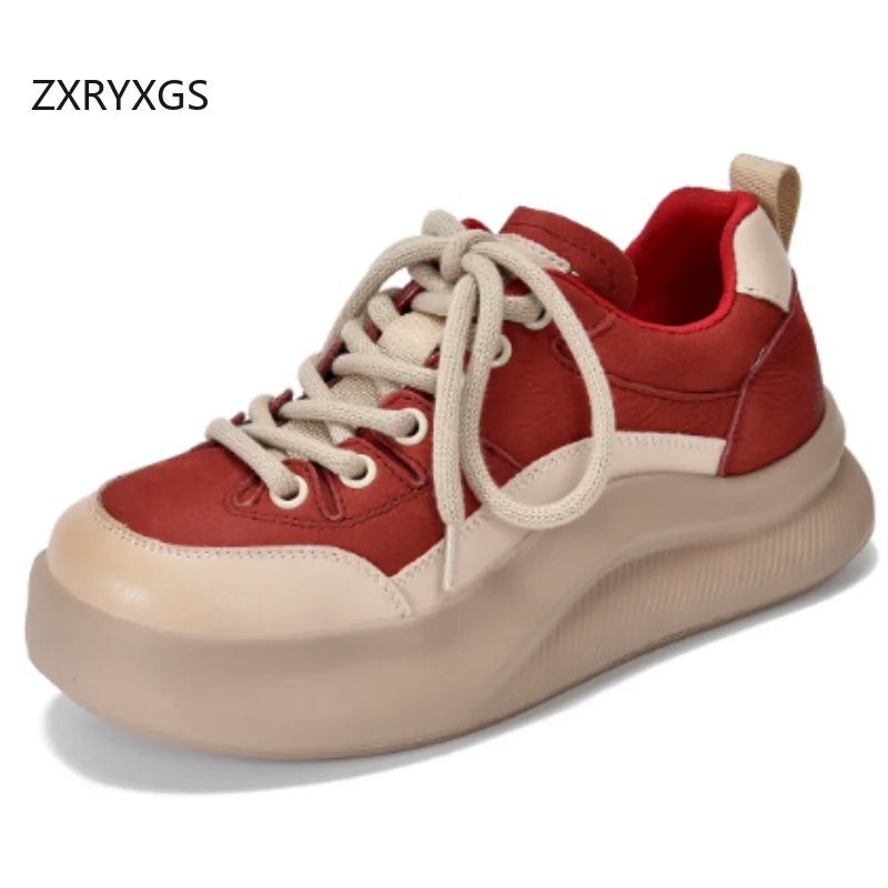 

ZXRYXGS 2025 Top Layer Cowhide Spell Colors Lace Up Fashion Casual Sneakers Thick Soled Increase Shoes Women's Sneakers Shoes
